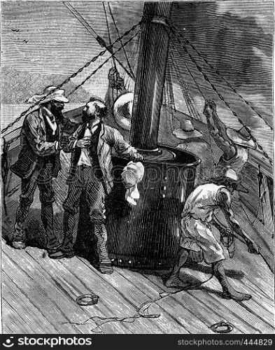 Six thousand miles through South America. Men aboard the Scotia. From Travel Diaries, vintage engraving, 1884-85.