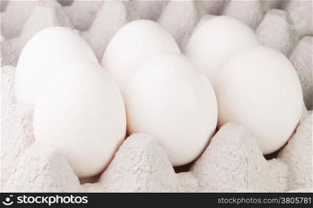 Six White Eggs On The Tray In Perspective