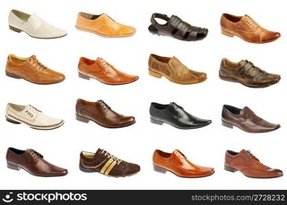 Sixteen man&acute;s shoes on a white background