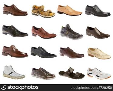 Sixteen man&acute;s shoes on a white background