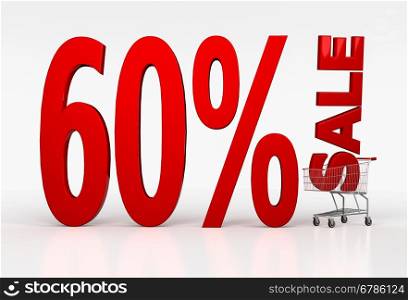 Sixty percent sale sign in shopping cart on white background. 3D render