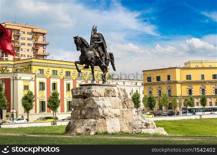 Skanderbeg square and Skanderbeg monument in Tirana in a beautiful summer day, Albania