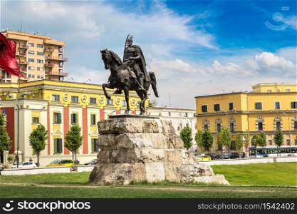 Skanderbeg square and Skanderbeg monument in Tirana in a beautiful summer day, Albania