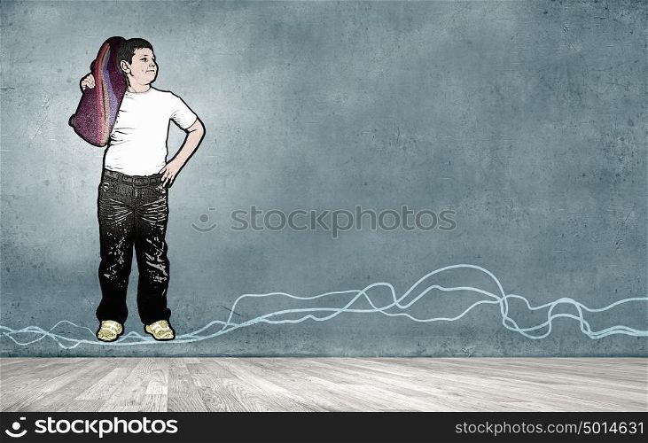 Skateboard boy cartoon. Sketched image of boy with skateboard on concrete background