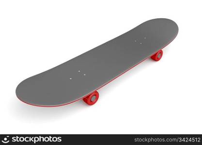 Skateboard with red wheels on white background