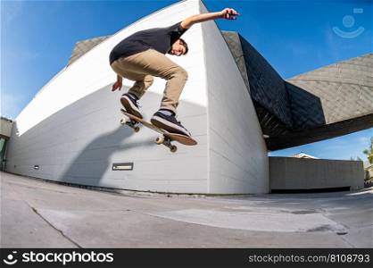 Skateboarder doing nollie trick on a urban scene.