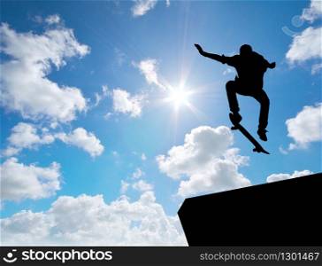 Skater jump silhouette and blue sky. Element of design.