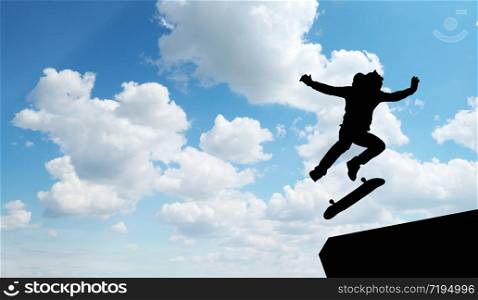 Skater jump silhouette and blue sky. Element of design.