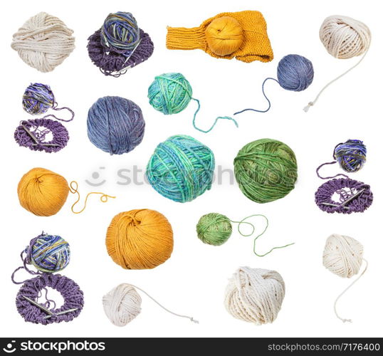 skein of greenish yellow melange yarn with unwound tail isolated on white background
