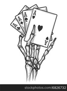 Skeleton hand with four aces. Black jack bones hand vector illustration. Engraving skeleton hand with four aces