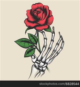Skeleton hand with rose tattoo style. Skeleton hand with rose in tattoo style. Red rosebud in bony fingers vector illustration