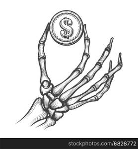 Skeleton hands with dollar coin. Skeleton hand with coin hand drawn vector illustration. Bones holding dollar