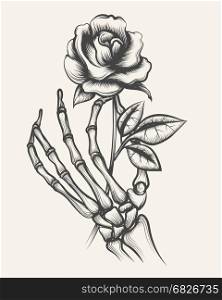 Skeleton hands with rose flower. Handdrawn skeleton bones hand with rose flower engraved vector illustration