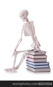 Skeleton reading books on white