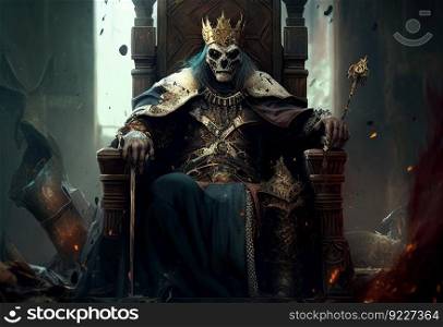 Skeleton sit on a throne illustration. AI generative.