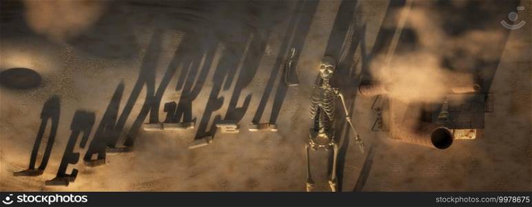 skeleton waving and final apocalypse caused by pollution from industry