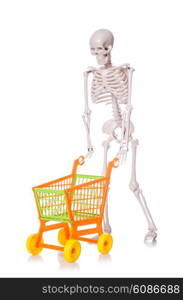 Skeleton with shopping cart trolley isolated on white