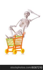 Skeleton with shopping cart trolley isolated on white