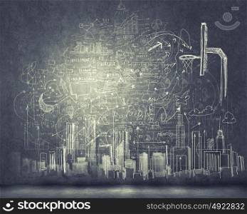 Sketch background. Background image with sketches and drawings on black wall