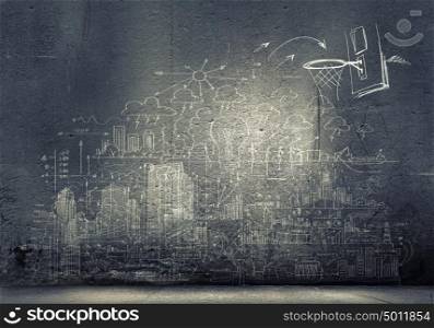 Sketch background. Background image with sketches and drawings on black wall