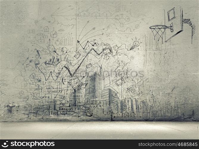 Sketch background. Background image with sketches and drawings on grey wall
