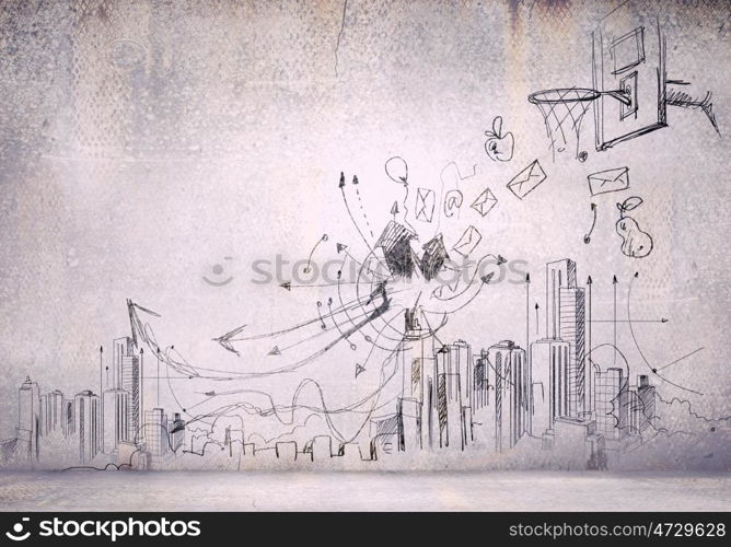 Sketch background. Background image with sketches and drawings on grey wall