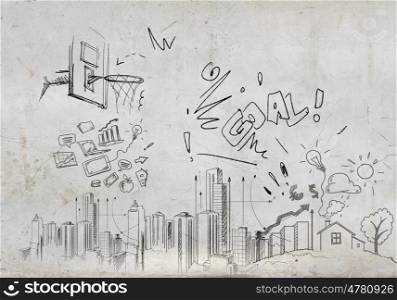 Sketch background. Background image with sketches and drawings on grey wall