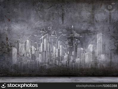 Sketch background. Business sketches and drawings on black wall