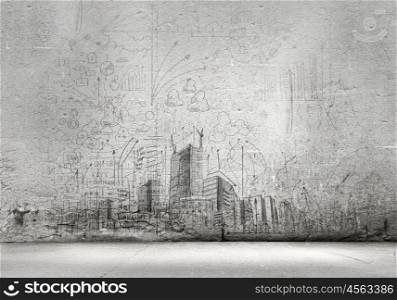 Sketch background. Business sketches and drawings on grey wall