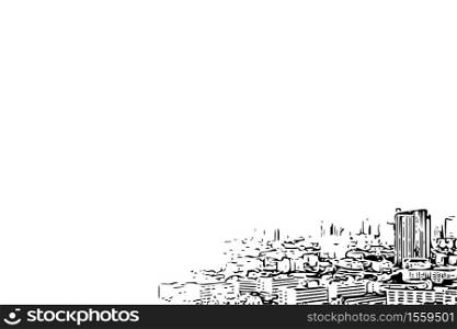 Sketch drawing of cityscape in city and construction concept on white background with copy space use for artwork, template or slideshow