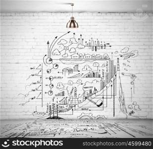 Sketch drawing. Sketch drawing with ideas on wall. Collage