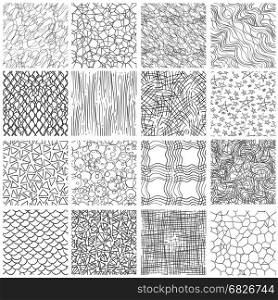 Sketch linear seamless patterns set. Sketch linear seamless patterns. Hand drawn doodle textures on white backgrounds. Vector illustration