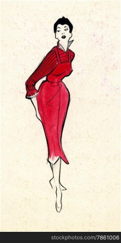 Sketch of a woman dress over plain background, 1950&rsquo;s; original sketch