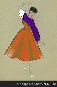 Sketch of a woman dress over plain background, Original sketch made in 1953