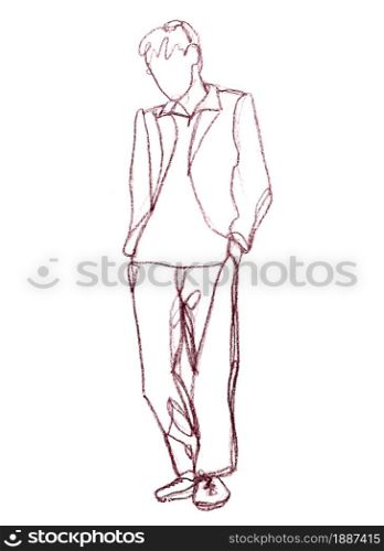 Sketch of a young man standing in full growth. Hands in the pockets of trousers, on the guy is a jacket and he looks down. Figure one line drawn by hand with a pencil on a white