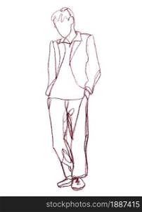 Sketch of a young man standing in full growth. Hands in the pockets of trousers, on the guy is a jacket and he looks down. Figure one line drawn by hand with a pencil on a white