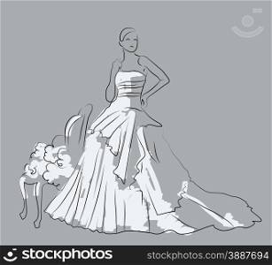 sketch of beautiful young bride in white dress