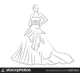 sketch of beautiful young bride in white dress