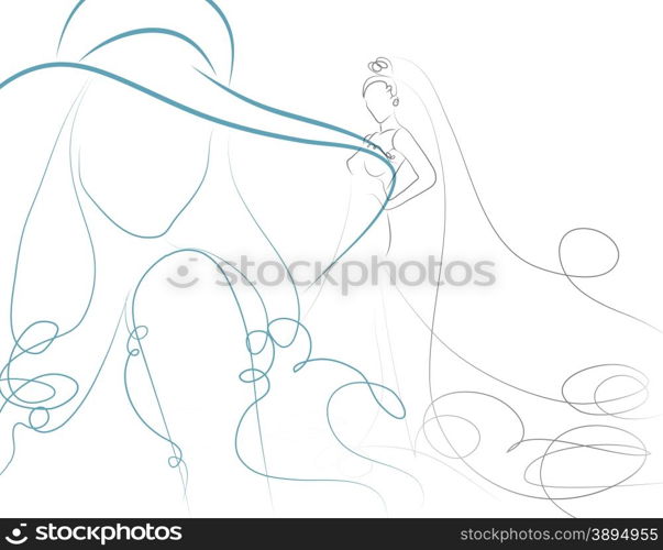 sketch of beautiful young bride in white dress