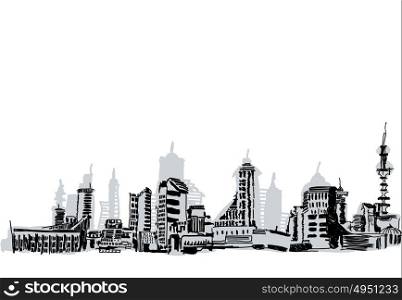 Sketch of city. Background image with sketches of buildings on white backdrop