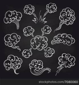Sketch of clouds on blackboard. Retro sketch of steam and clouds on blackboard background. Vector illustration