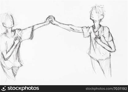 sketch of couple holding hands, hand-drawn by black pencil on white paper