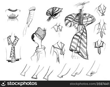 sketch of fashion model - retro clothing items and accessories