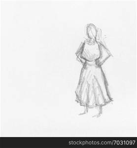 sketch of female figure in long rural dress hand-drawn by black pencil on white paper