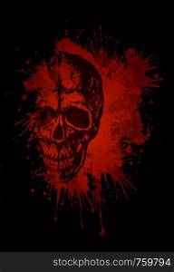 Sketch of Human Skull in Blood Isolated on Black Background. Vector. Computer Graphics.