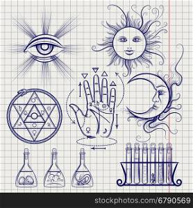 Sketch of isoteric signs, philosophy and alchemy elements on notebook page. Vector illustration