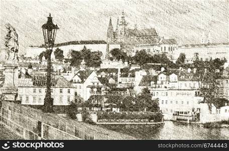 Sketch of Prague Castle, Czech Republic - View From Charles Bridge