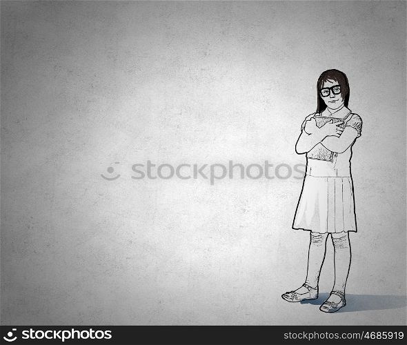 Sketch of pupil girl. Silhouette of drawn school girl on concrete wall