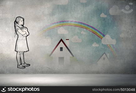 Sketch of pupil girl. Silhouette of drawn school girl on concrete wall