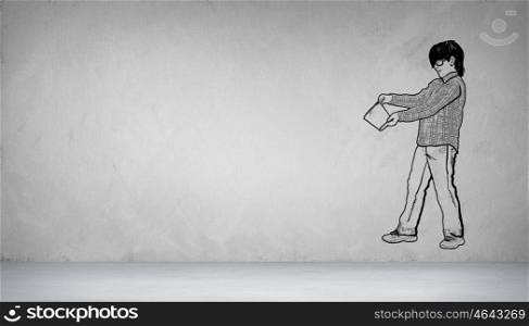 Sketch of school boy. Sketched image of boy with bucket on concrete background